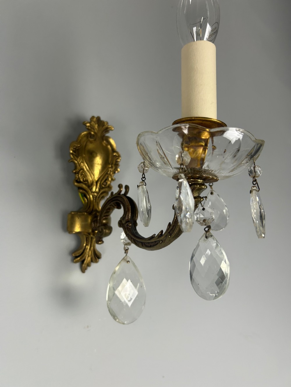 Pair of French Single Arm Brass Antique Wall Lights with Glass Droppers  View III