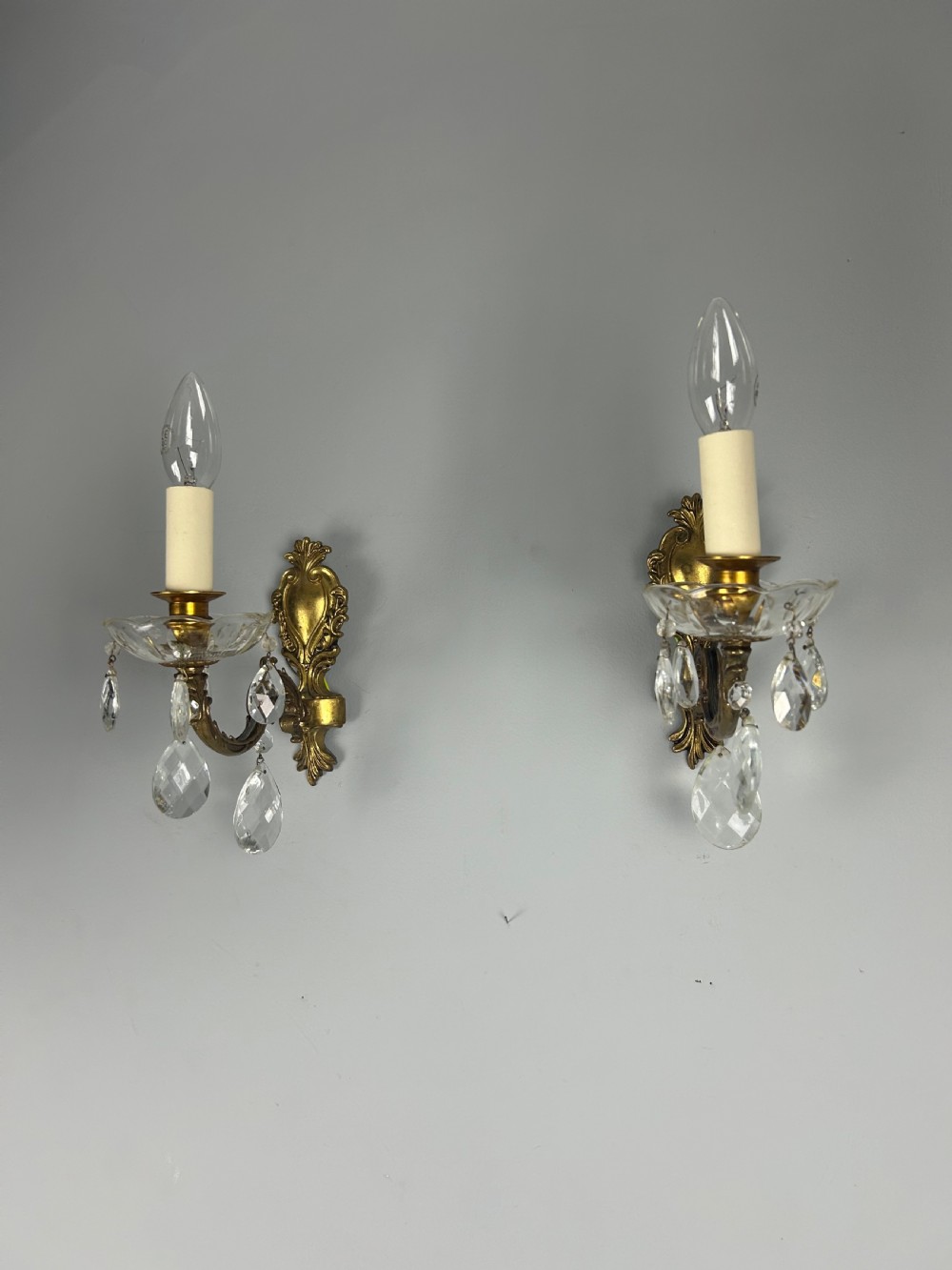 Pair of French Single Arm Brass Antique Wall Lights with Glass Droppers  View IV