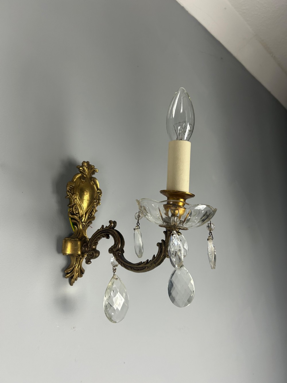 Pair of French Single Arm Brass Antique Wall Lights with Glass Droppers  View V