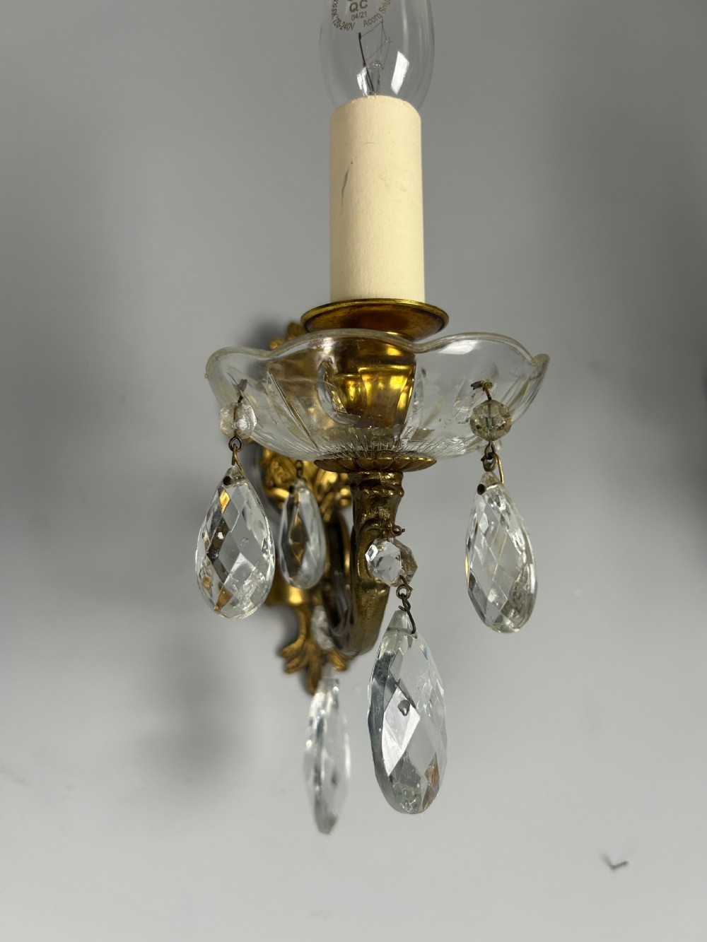 Pair of French Single Arm Brass Antique Wall Lights with Glass Droppers  View VI