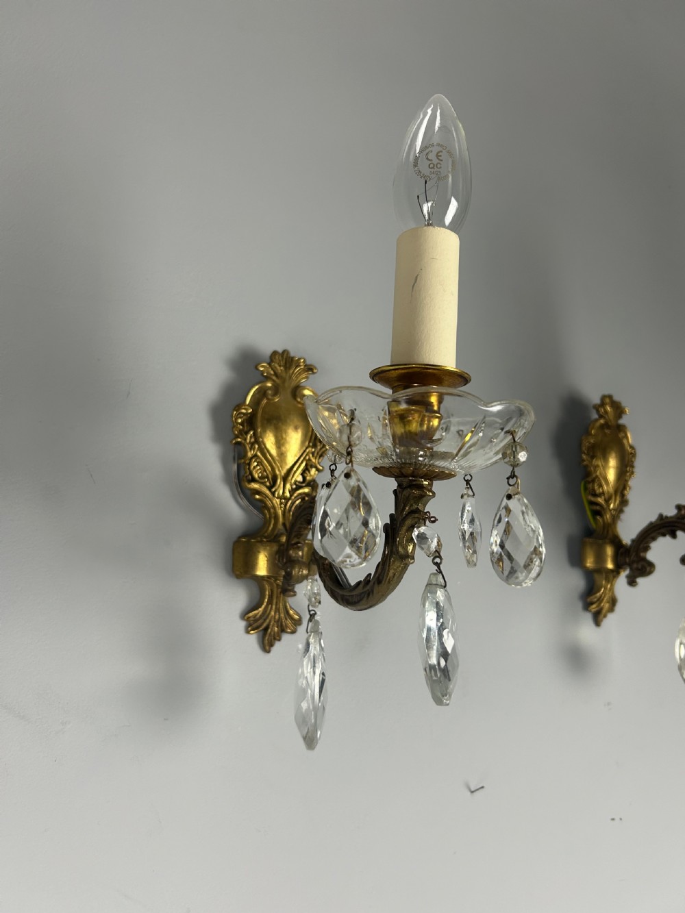 Pair of French Single Arm Brass Antique Wall Lights with Glass Droppers  View VII
