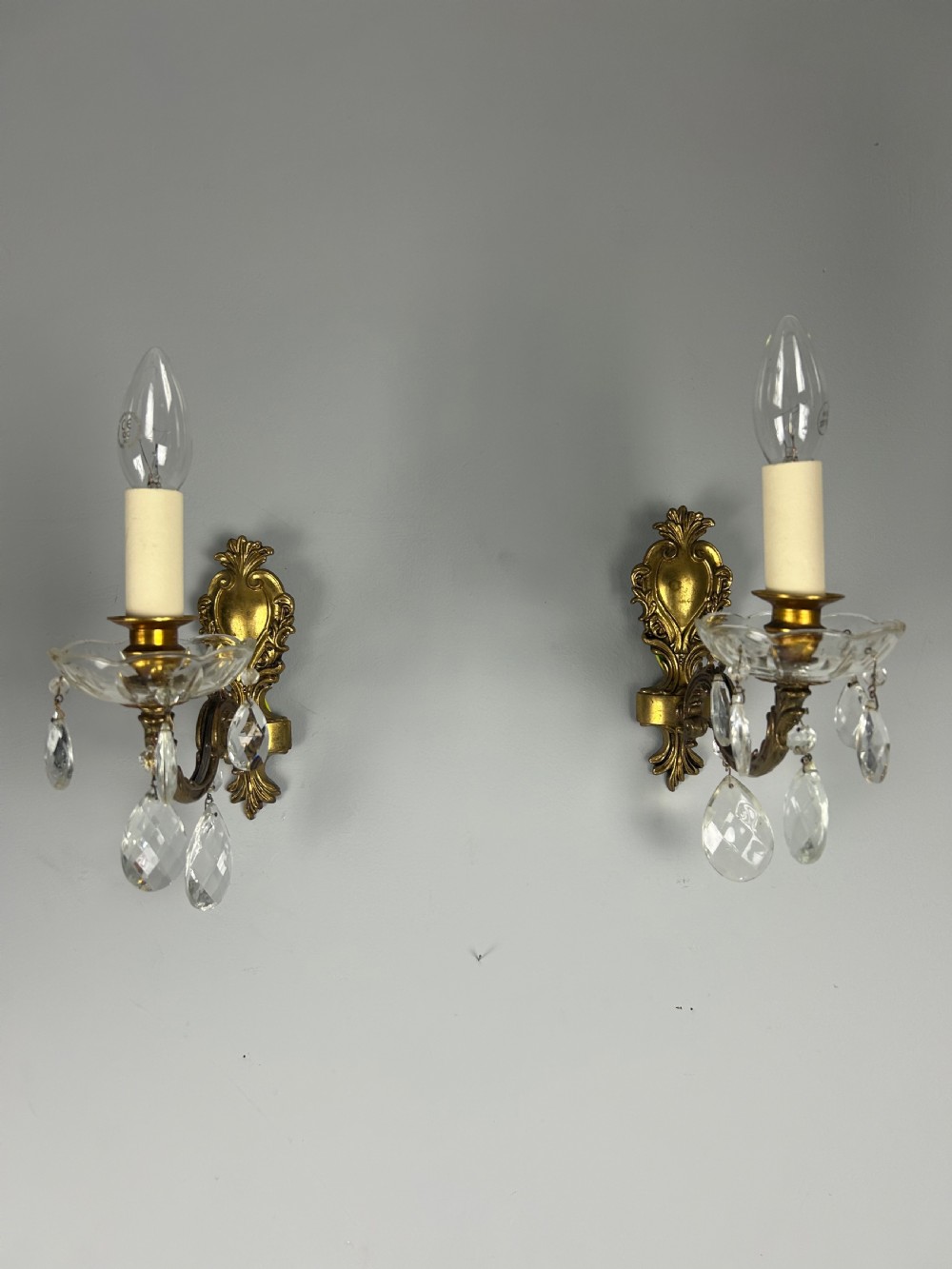 Pair of French Single Arm Brass Antique Wall Lights with Glass Droppers  View VIII