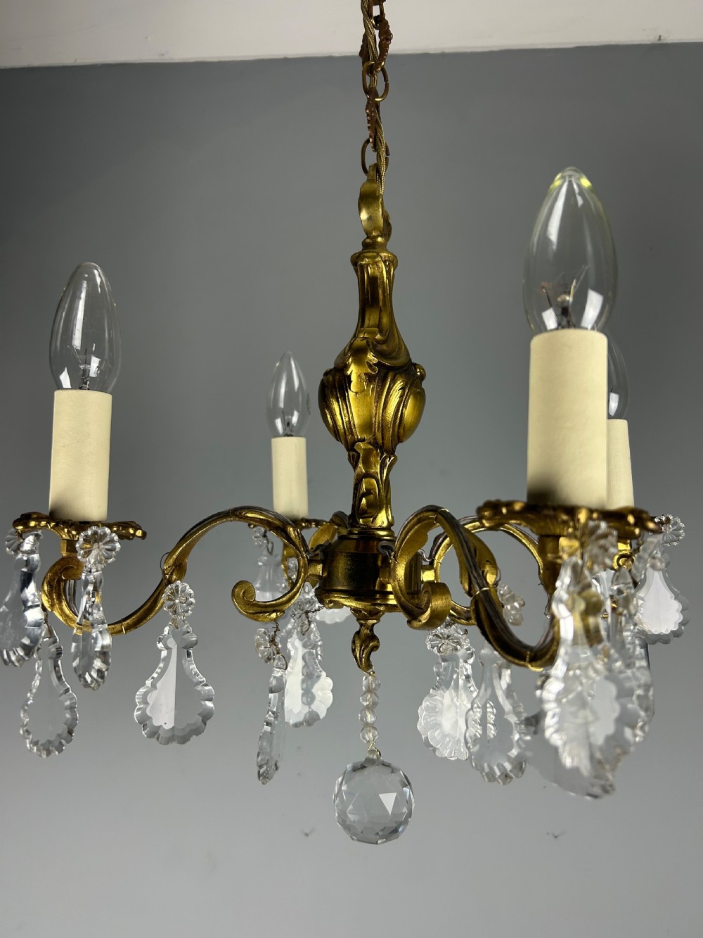 French Gilded Bronze 4 Light Antique Crystal Chandelier View V