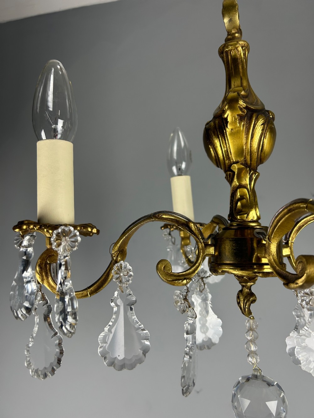 French Gilded Bronze 4 Light Antique Crystal Chandelier View VI