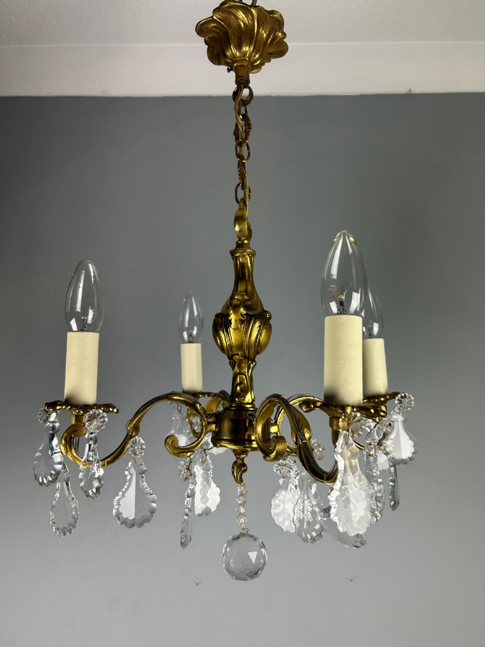 French Gilded Bronze 4 Light Antique Crystal Chandelier View VII