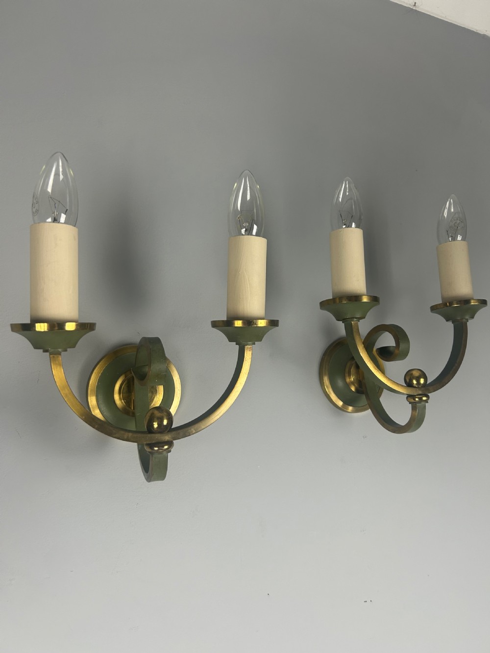 Pair of French Art Deco Green Enamel & Brass Wall Lights 