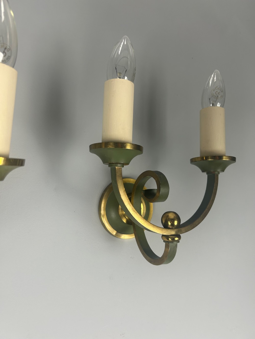 Pair of French Art Deco Green Enamel & Brass Wall Lights  View II