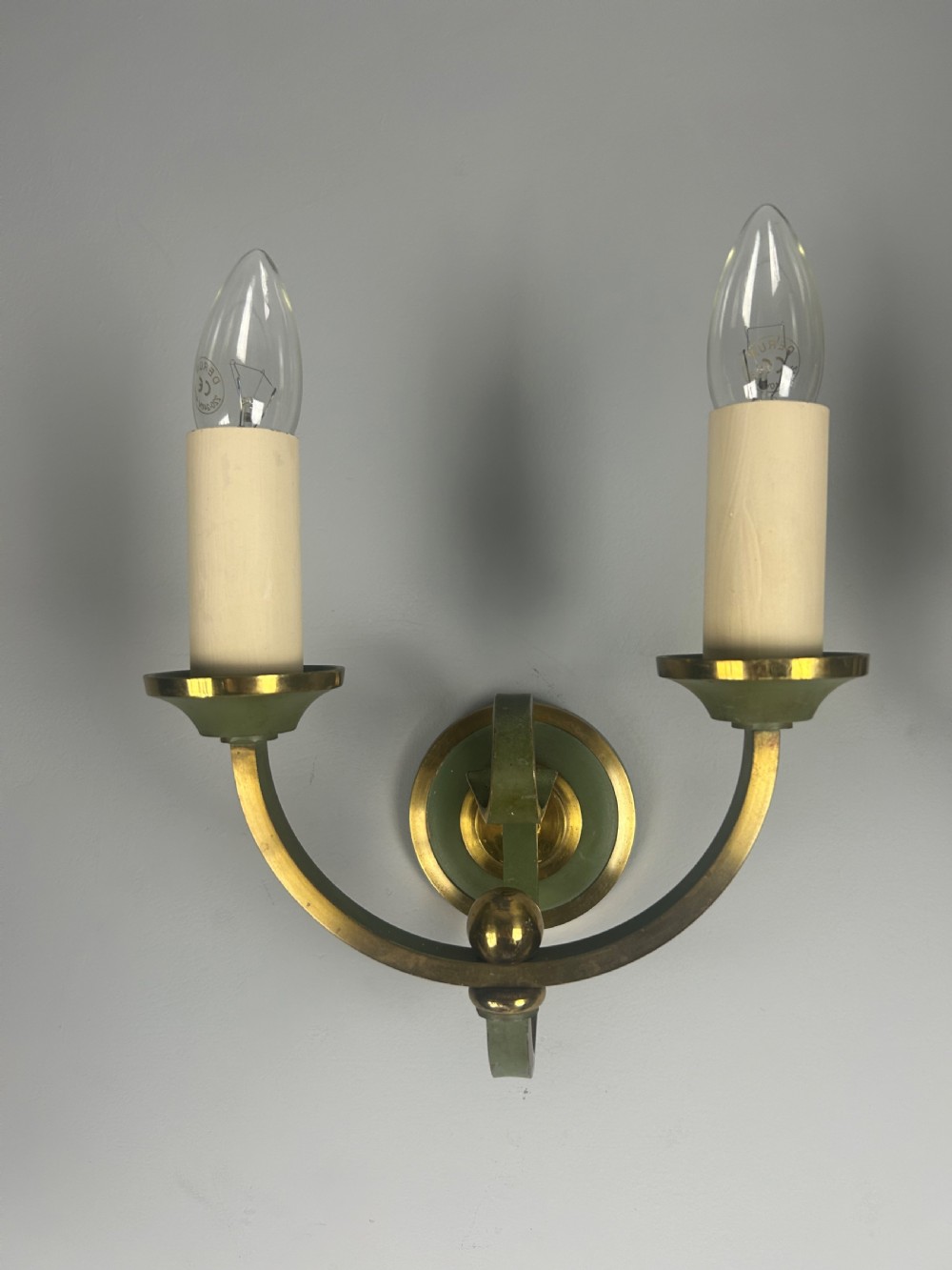 Pair of French Art Deco Green Enamel & Brass Wall Lights  View III
