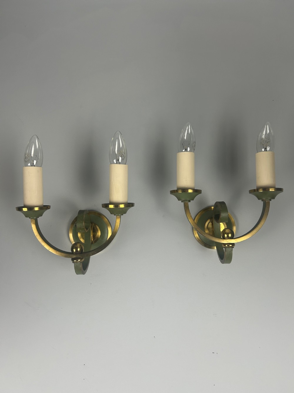 Pair of French Art Deco Green Enamel & Brass Wall Lights  View IV