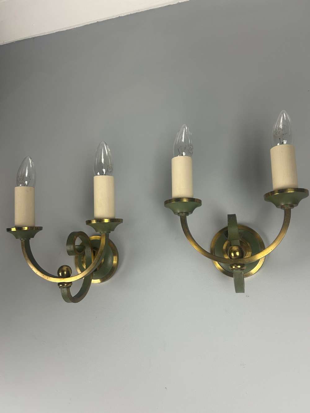 Pair of French Art Deco Green Enamel & Brass Wall Lights  View V