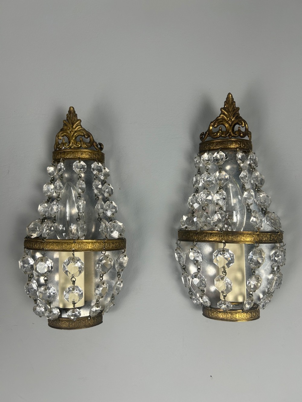 Pair of Single Light French Montgolfier Crystal Wall Lights 