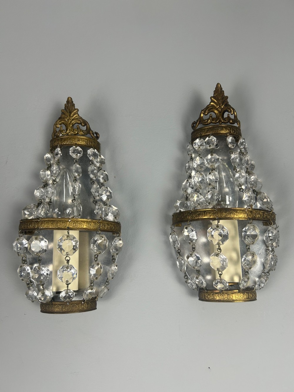 Pair of Single Light French Montgolfier Crystal Wall Lights  View II