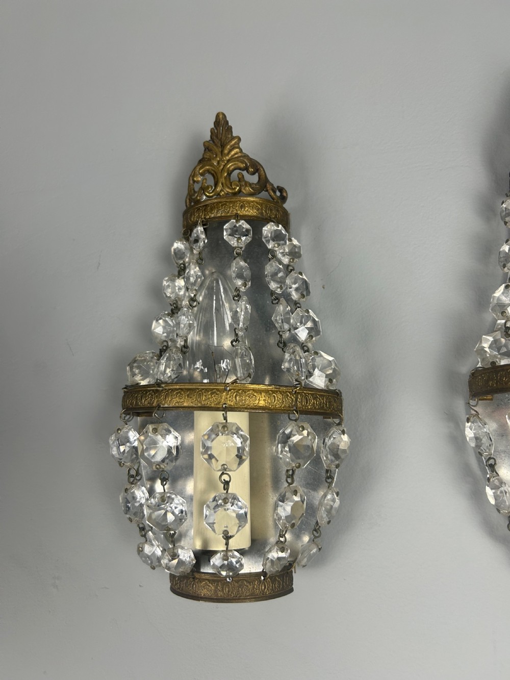 Pair of Single Light French Montgolfier Crystal Wall Lights  View III