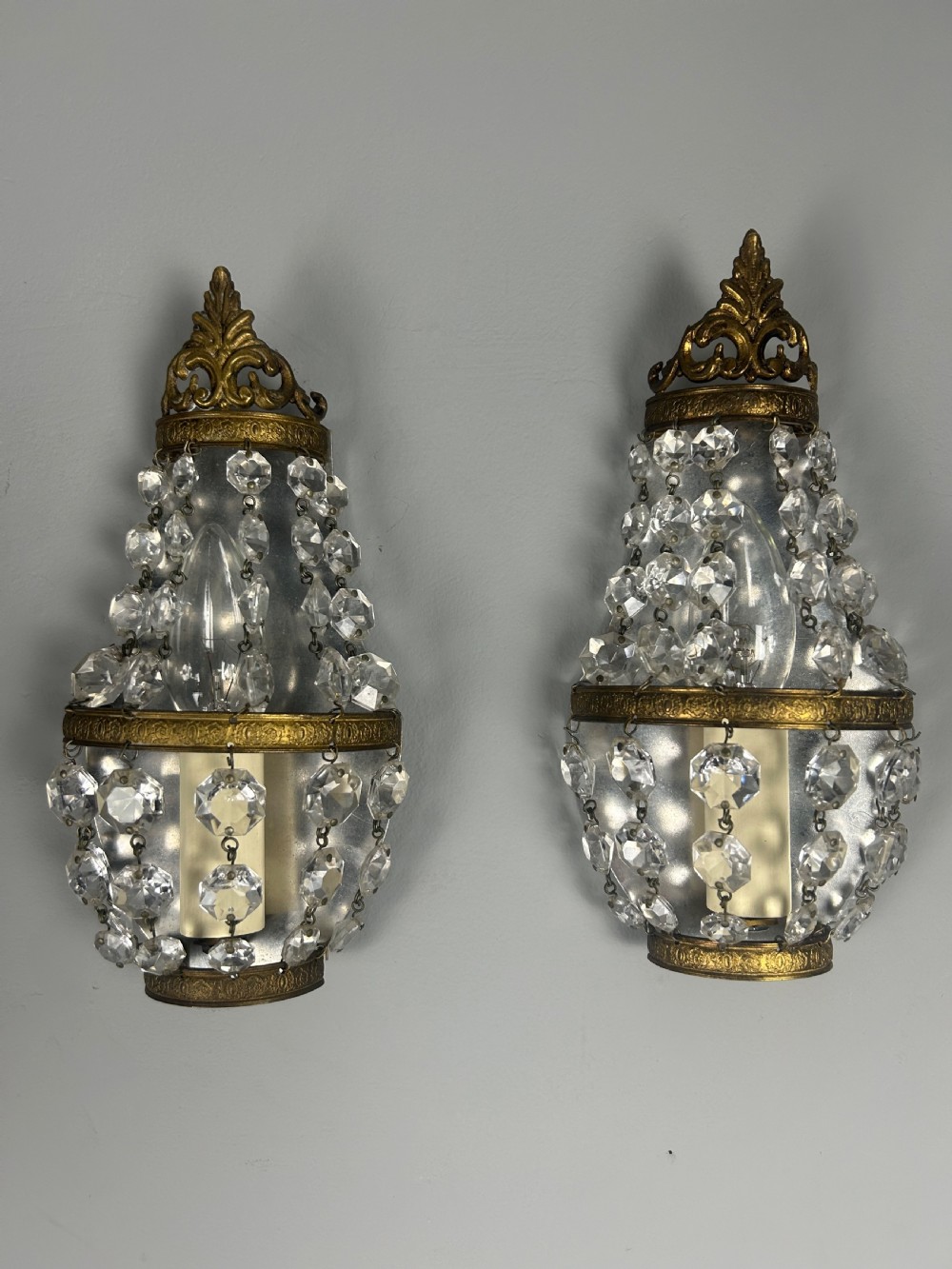Pair of Single Light French Montgolfier Crystal Wall Lights  View IX