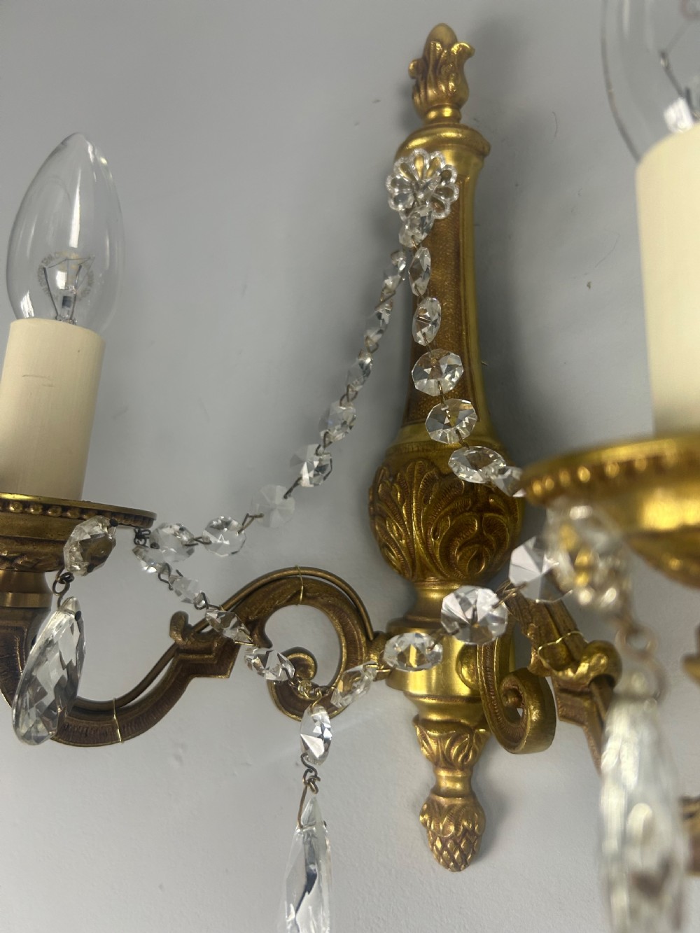 Pair of French Gilded Antique Wall Lights with Crystals  View II