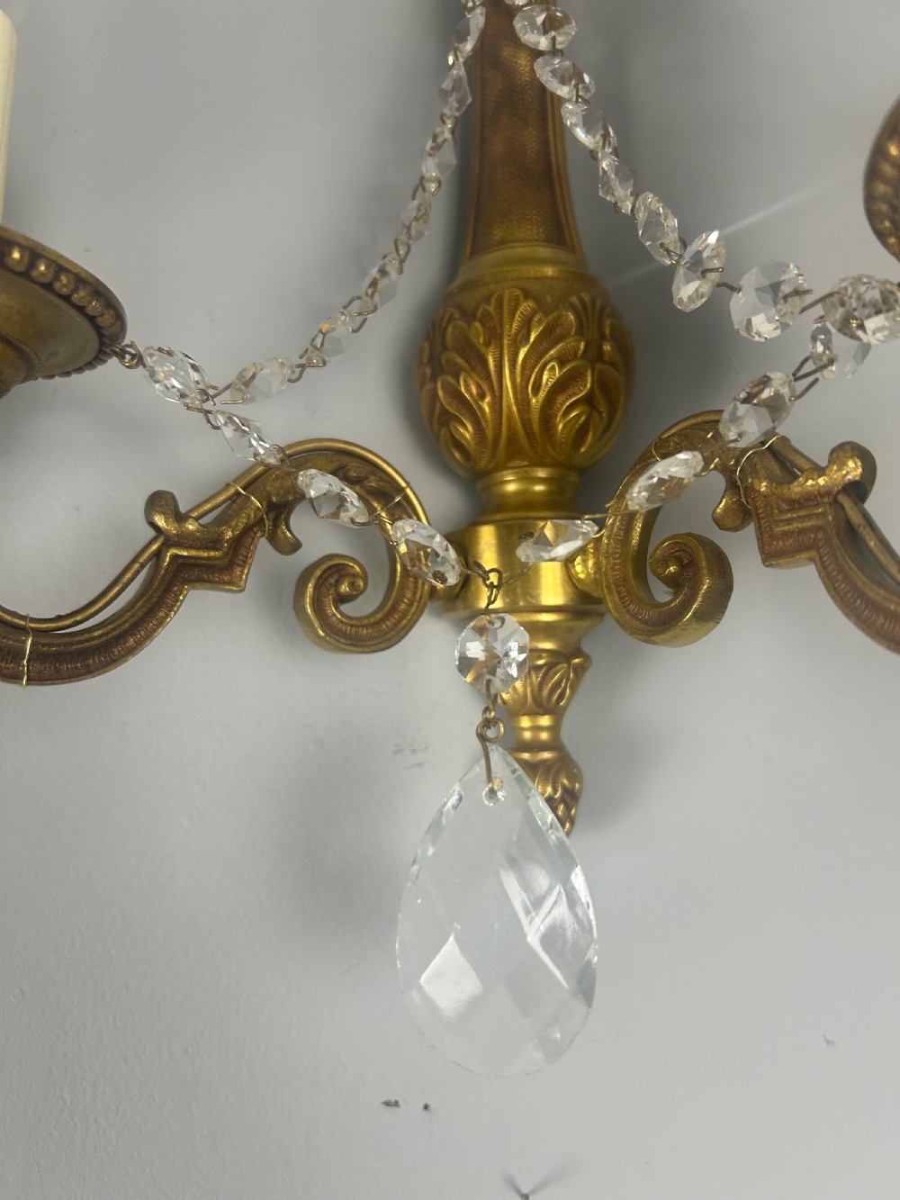 Pair of French Gilded Antique Wall Lights with Crystals  View III