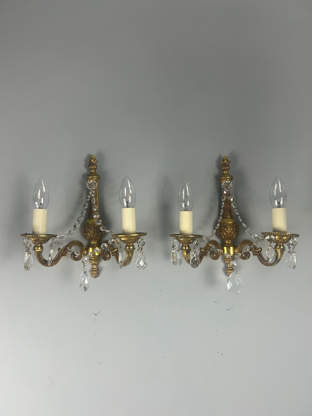 Pair of French Gilded Antique Wall Lights with Crystals  View IV