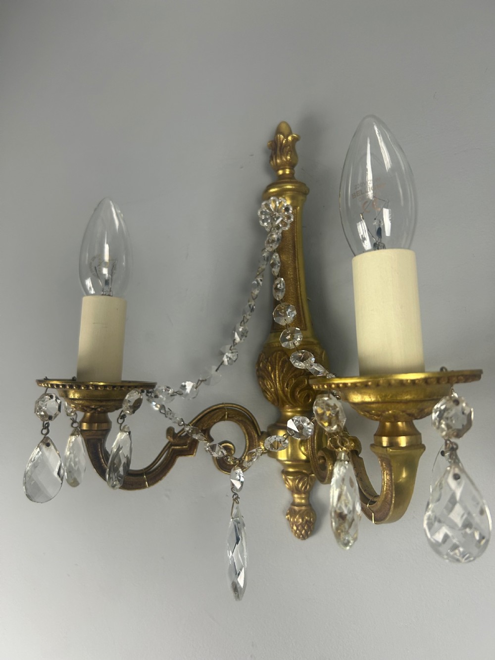 Pair of French Gilded Antique Wall Lights with Crystals  View V
