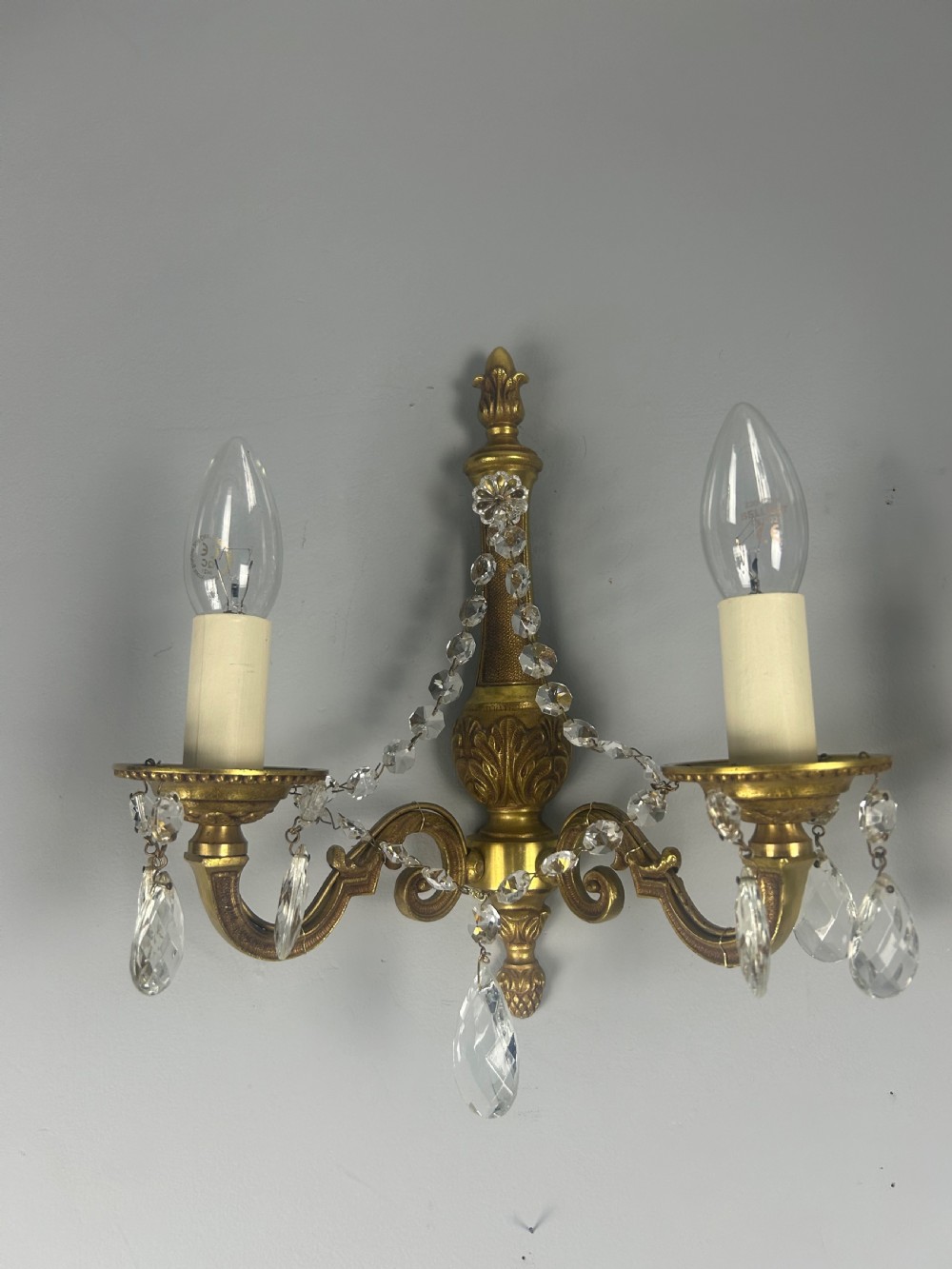 Pair of French Gilded Antique Wall Lights with Crystals  View VI