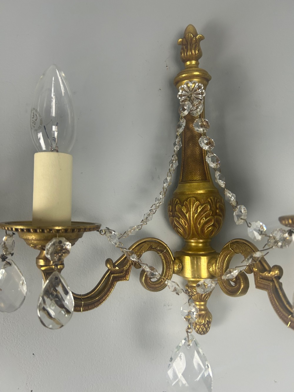 Pair of French Gilded Antique Wall Lights with Crystals  View VII