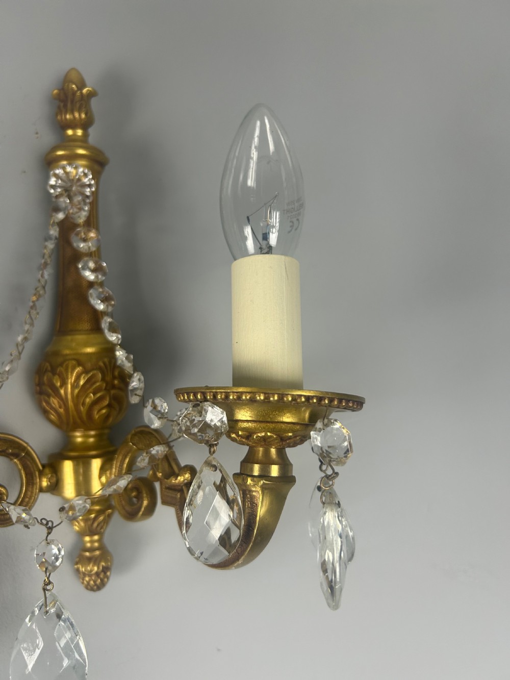 Pair of French Gilded Antique Wall Lights with Crystals  View VIII