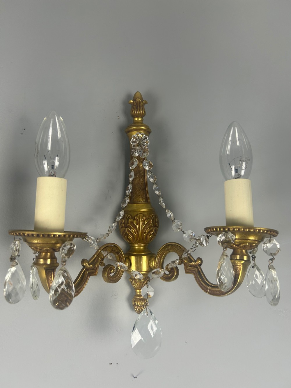 Pair of French Gilded Antique Wall Lights with Crystals  View IX