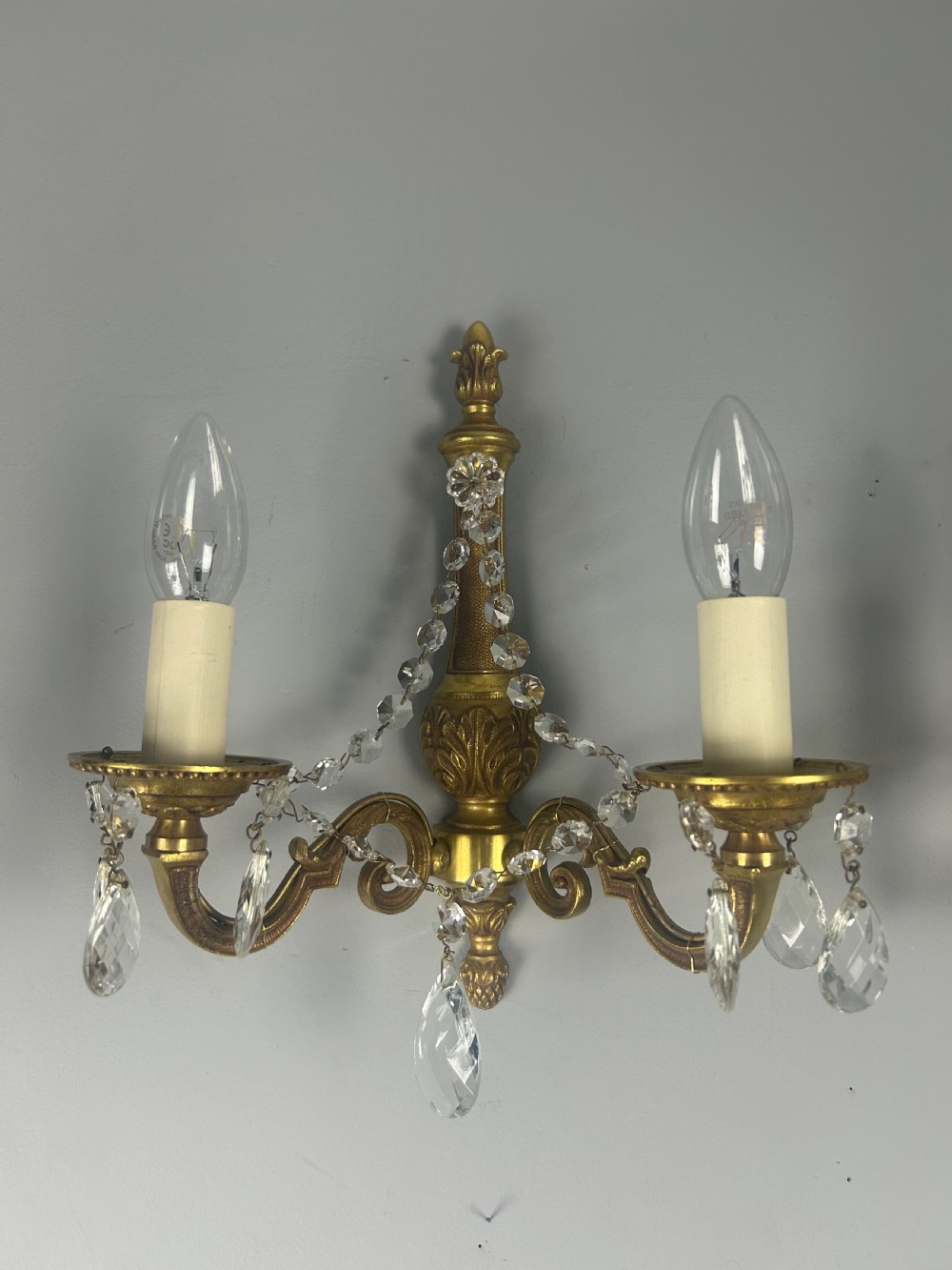 Pair of French Gilded Antique Wall Lights with Crystals  View X