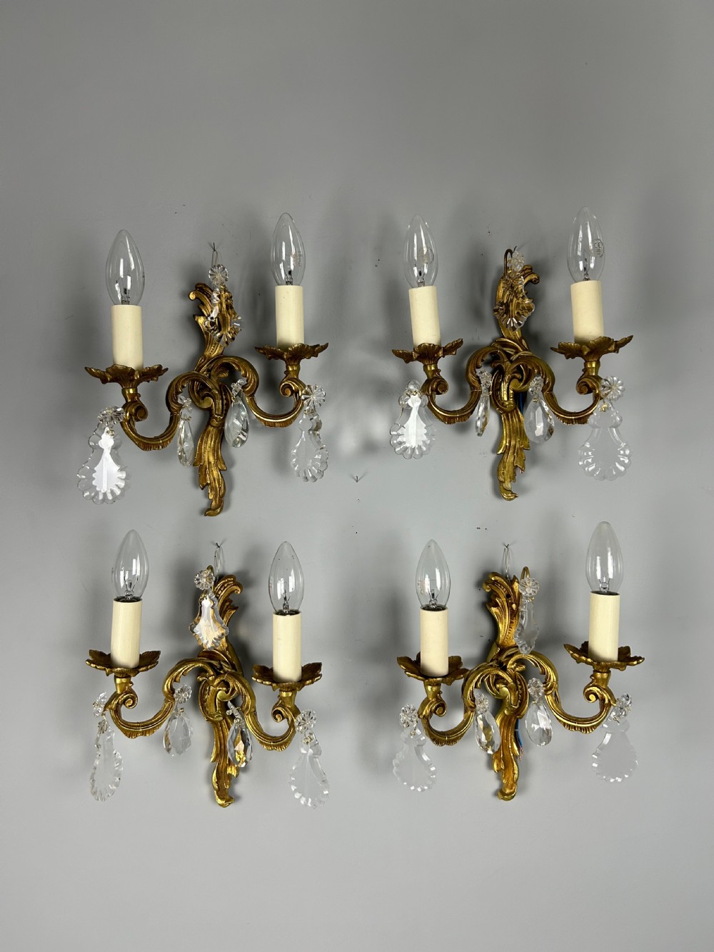 Set of 4 French Gilded Twin Arm Antique Wall Lights with Crystals 