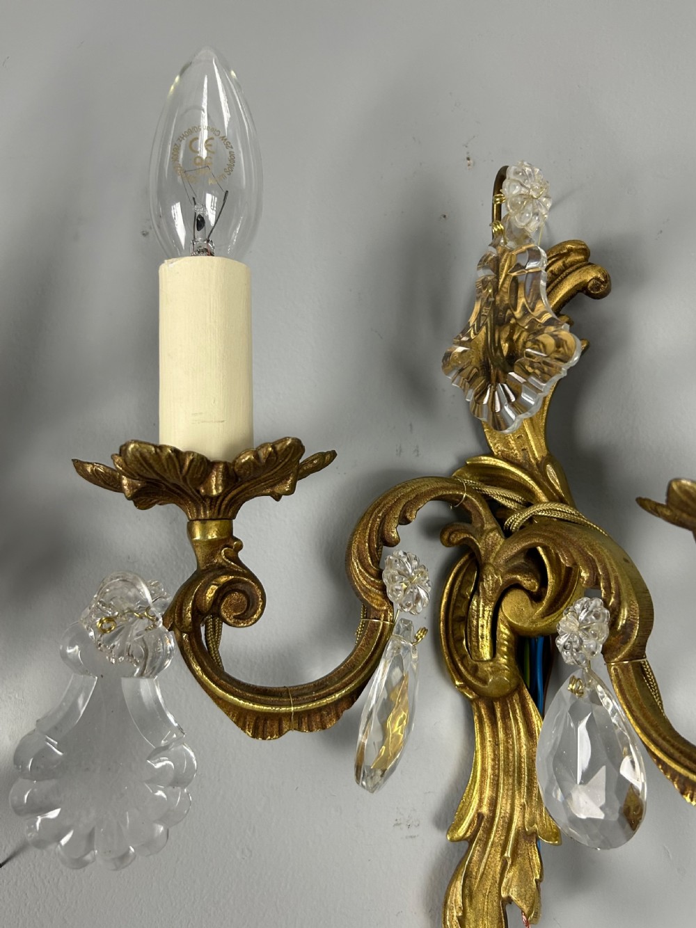 Set of 4 French Gilded Twin Arm Antique Wall Lights with Crystals  View II
