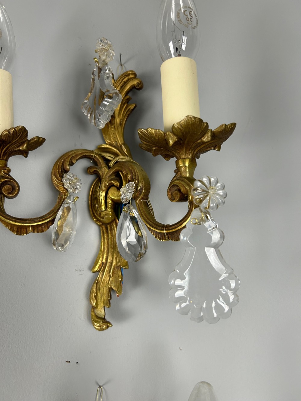 Set of 4 French Gilded Twin Arm Antique Wall Lights with Crystals  View III
