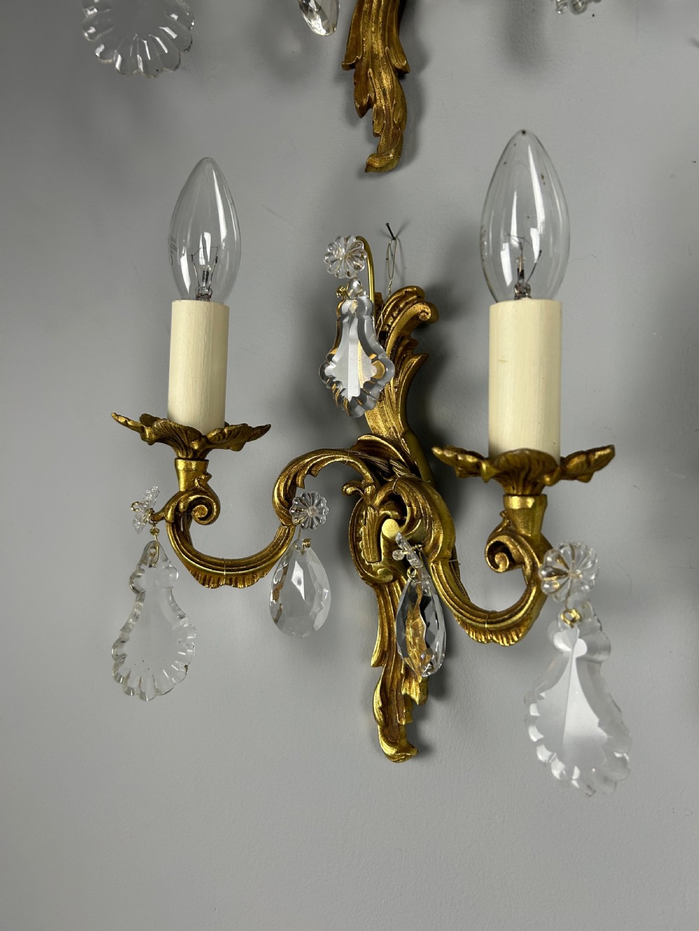 Set of 4 French Gilded Twin Arm Antique Wall Lights with Crystals  View IV