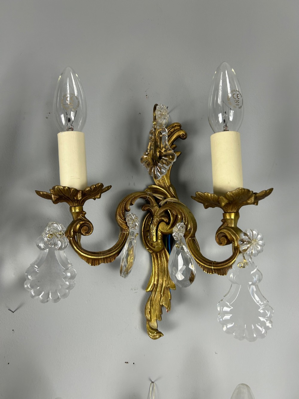 Set of 4 French Gilded Twin Arm Antique Wall Lights with Crystals  View V