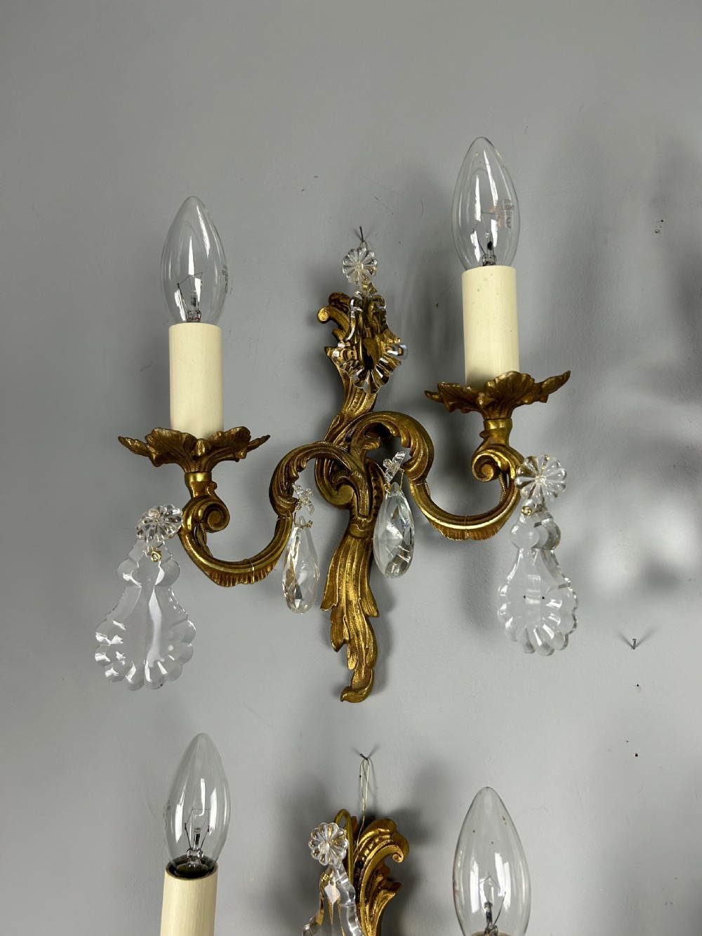 Set of 4 French Gilded Twin Arm Antique Wall Lights with Crystals  View VI