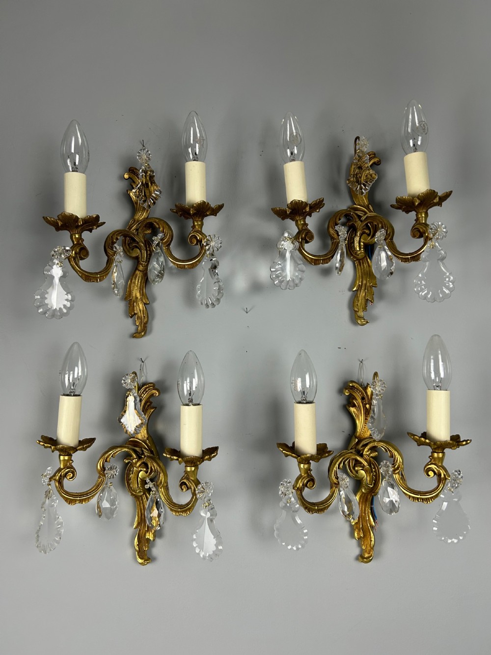 Set of 4 French Gilded Twin Arm Antique Wall Lights with Crystals  View VII