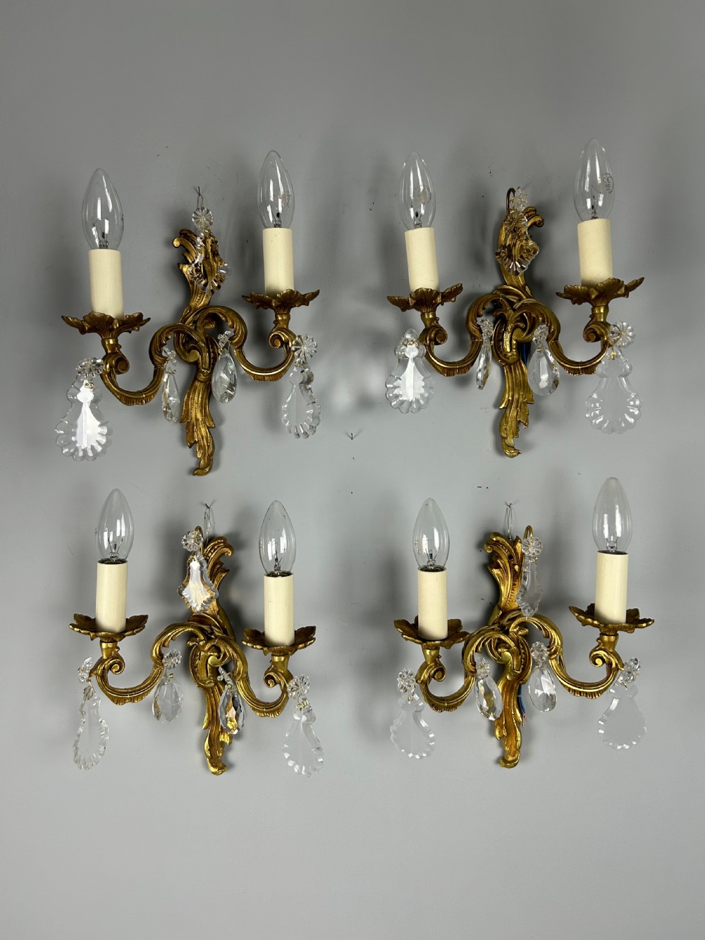Set of 4 French Gilded Twin Arm Antique Wall Lights with Crystals  View VIII