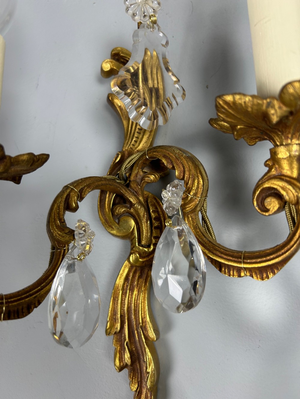 Set of 3 French Gilded Twin Arm Antique Wall Lights with Crystals View II