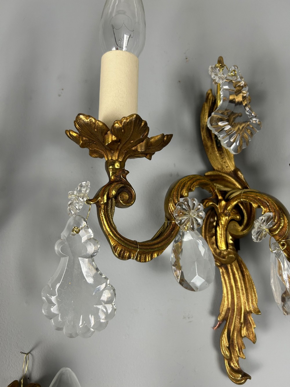 Set of 3 French Gilded Twin Arm Antique Wall Lights with Crystals View III