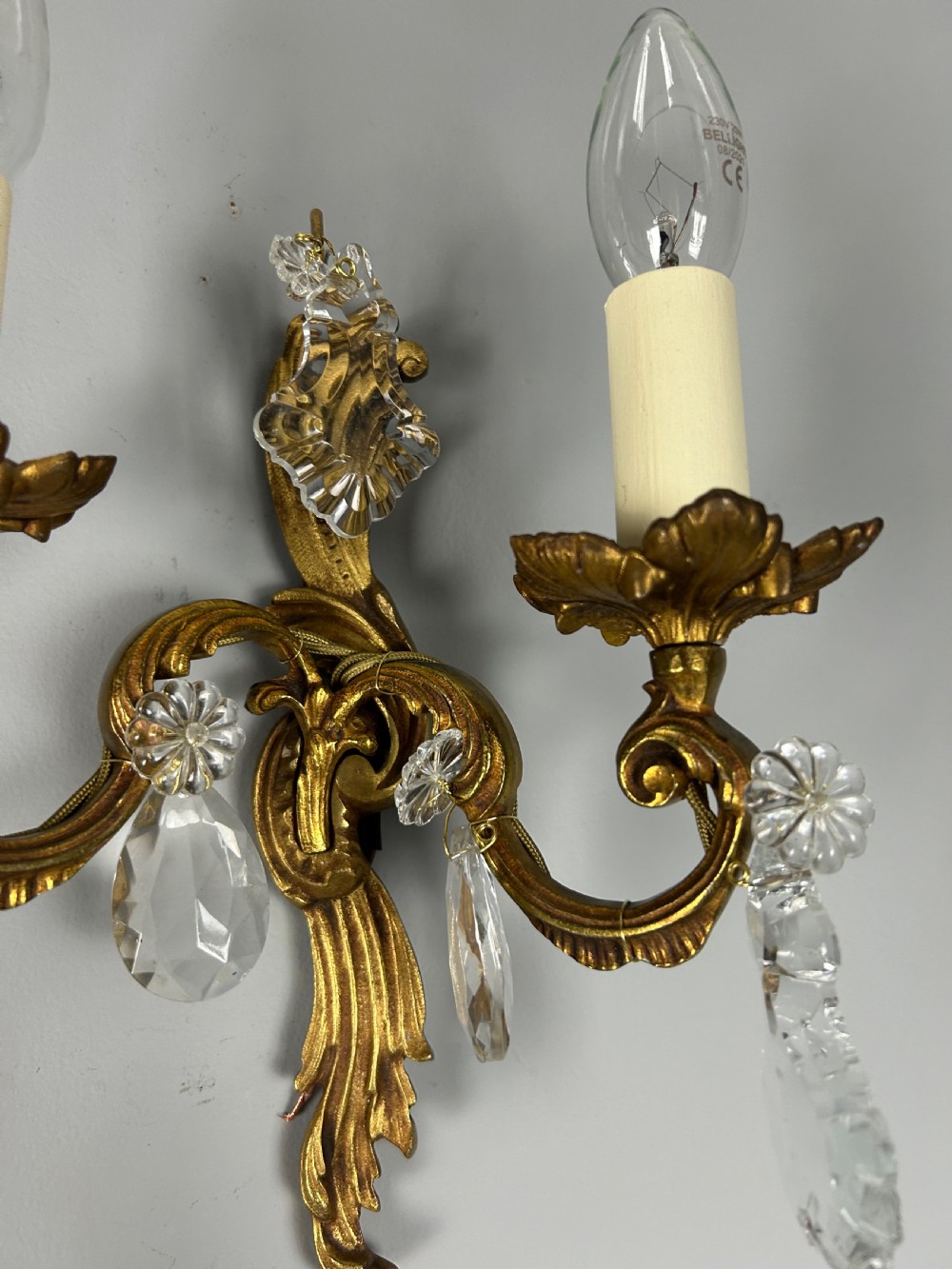 Set of 3 French Gilded Twin Arm Antique Wall Lights with Crystals View IV