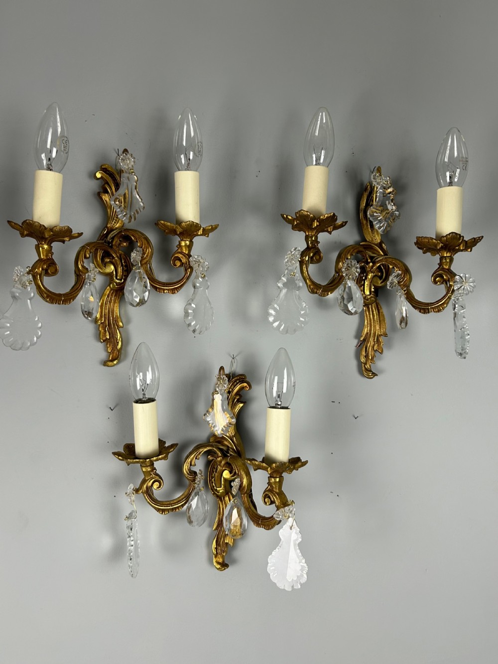 Set of 3 French Gilded Twin Arm Antique Wall Lights with Crystals View V