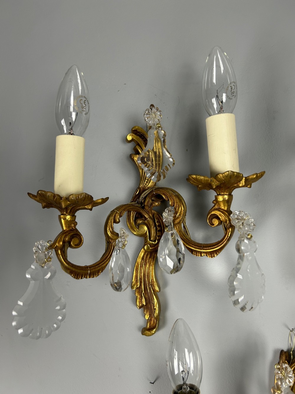 Set of 3 French Gilded Twin Arm Antique Wall Lights with Crystals View VI