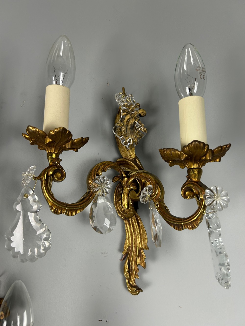 Set of 3 French Gilded Twin Arm Antique Wall Lights with Crystals View VII