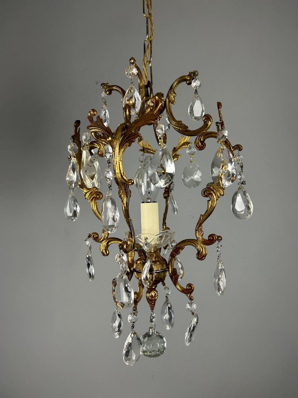 French Single Light Gilt Brass Crystal Antique Chandelier, Ceiling Light 