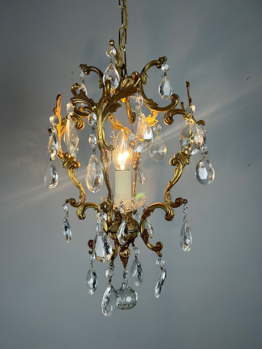 French Single Light Gilt Brass Crystal Antique Chandelier, Ceiling Light  View II