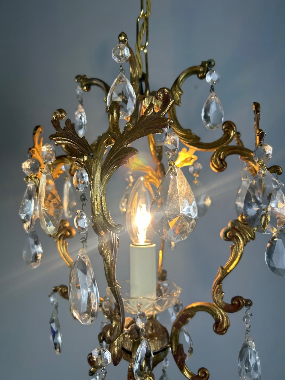 French Single Light Gilt Brass Crystal Antique Chandelier, Ceiling Light  View III