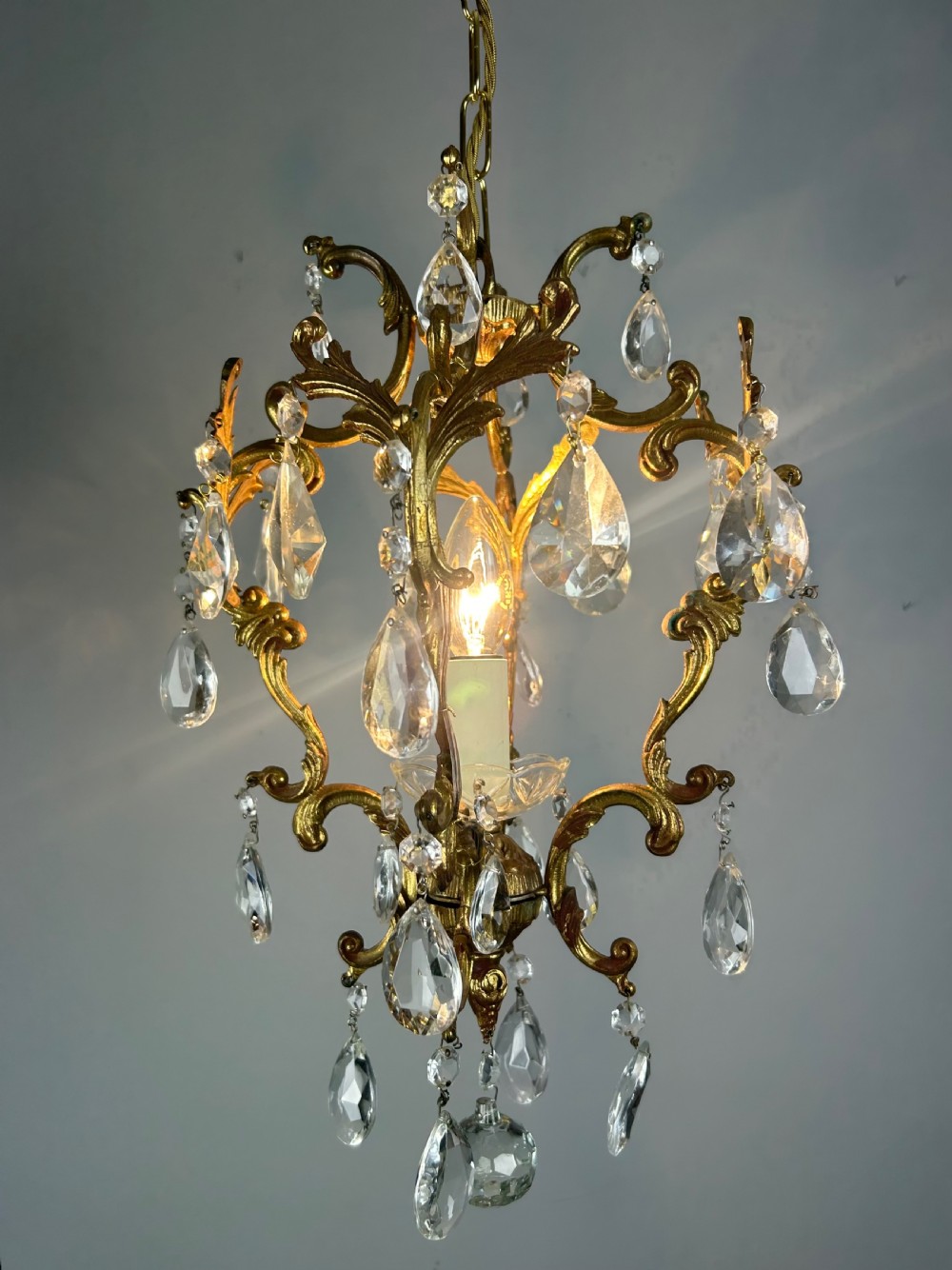 French Single Light Gilt Brass Crystal Antique Chandelier, Ceiling Light  View IV