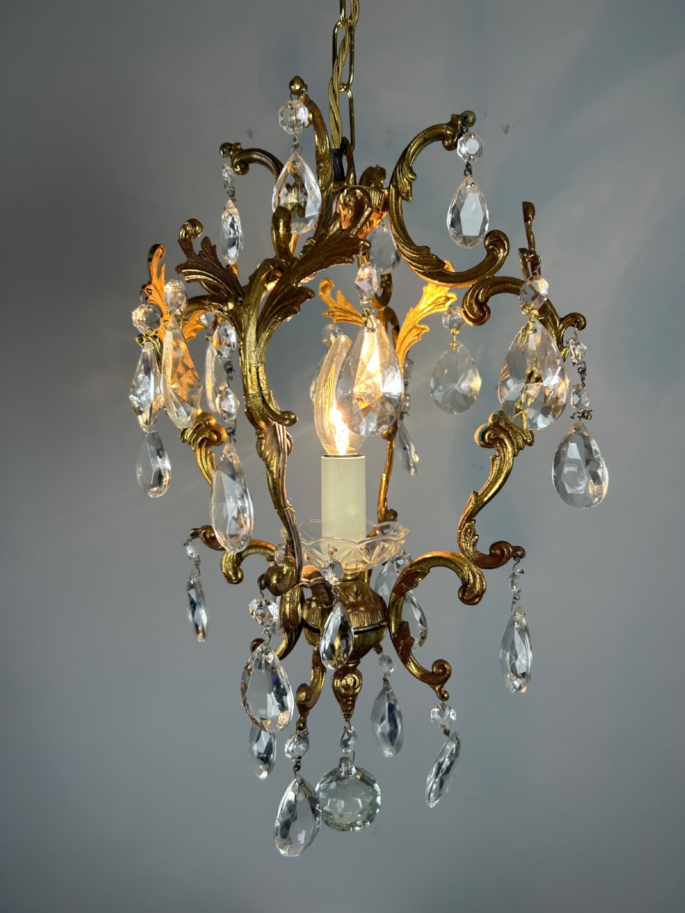 French Single Light Gilt Brass Crystal Antique Chandelier, Ceiling Light  View V