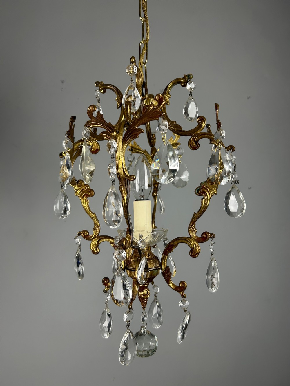 French Single Light Gilt Brass Crystal Antique Chandelier, Ceiling Light  View VI