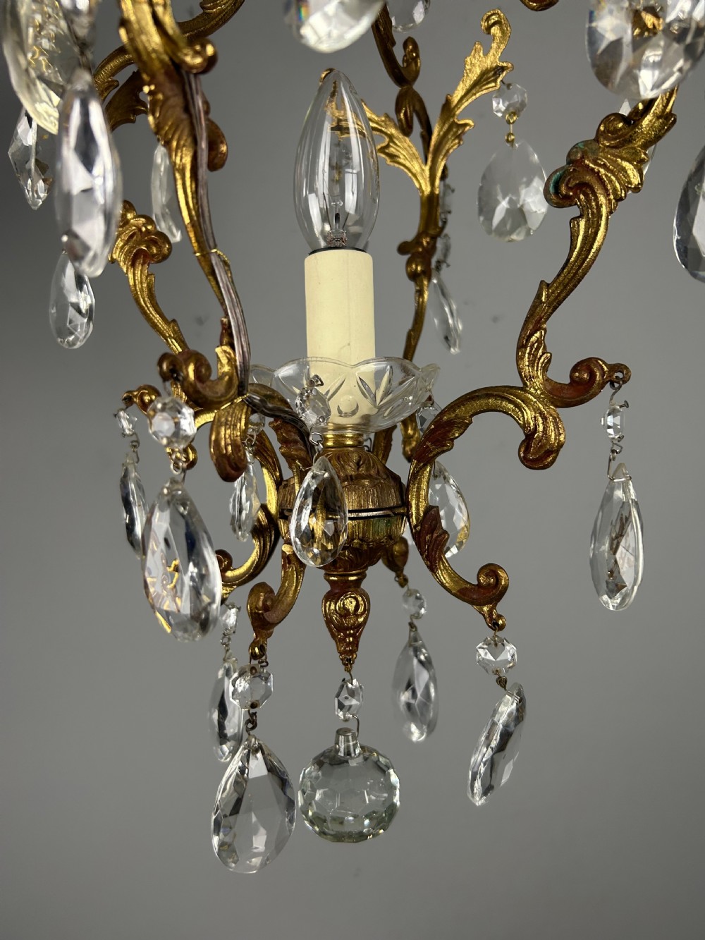 French Single Light Gilt Brass Crystal Antique Chandelier, Ceiling Light  View X