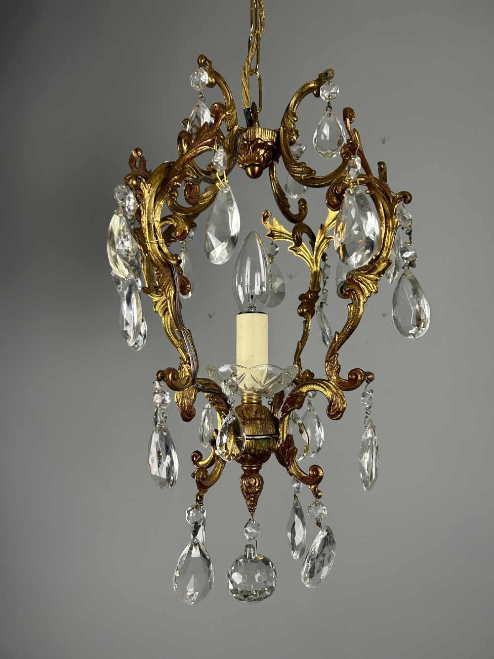 French Single Light Gilt Brass Crystal Antique Chandelier, Ceiling Light  View XII