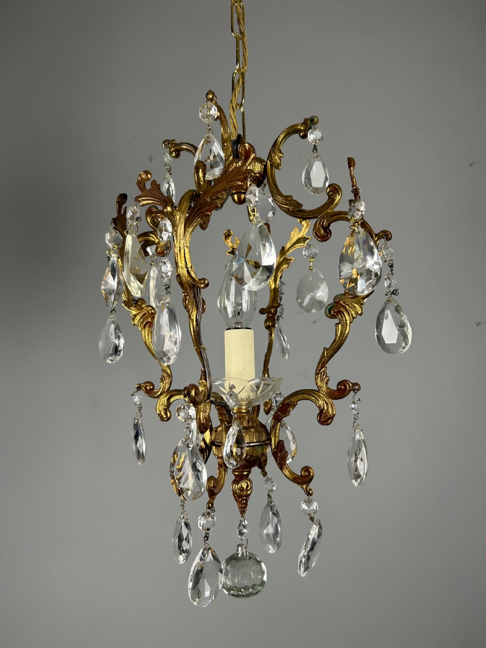 French Single Light Gilt Brass Crystal Antique Chandelier, Ceiling Light  View XIII